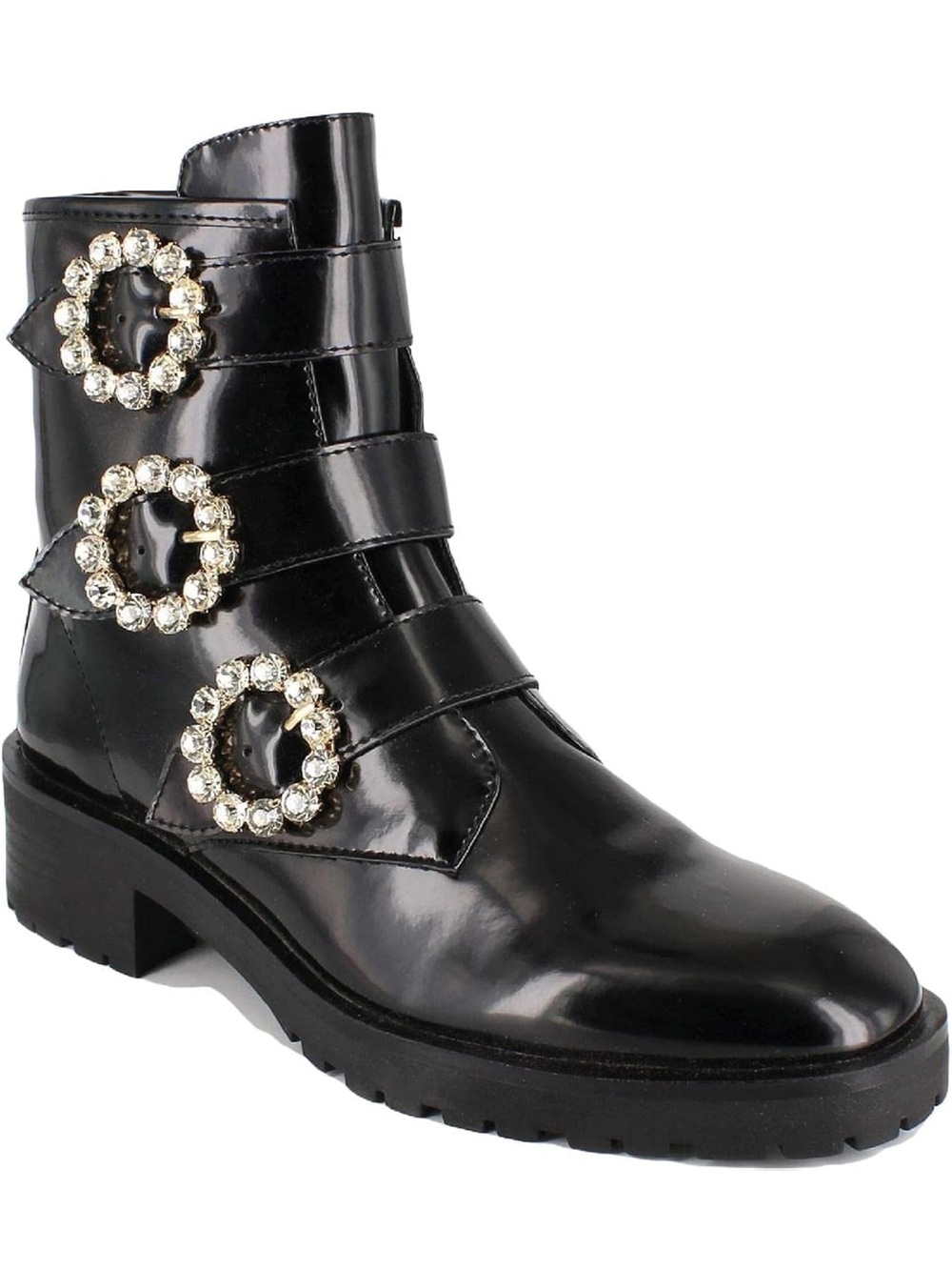 Nanette Lepore Iggy Black Patent Leather Buckle-Embellished Ankle Boots NEW 7